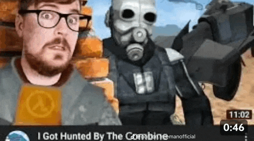 a man wearing glasses and a gas mask is standing next to a robot in a video game .