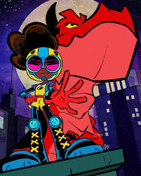 a colorful cartoon character giving a peace sign