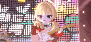 a girl with blonde hair is holding a pink guitar with the word fender on it