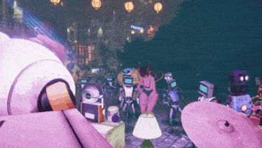 a group of robots are gathered in a dark room with a sign that says ' private ' on it