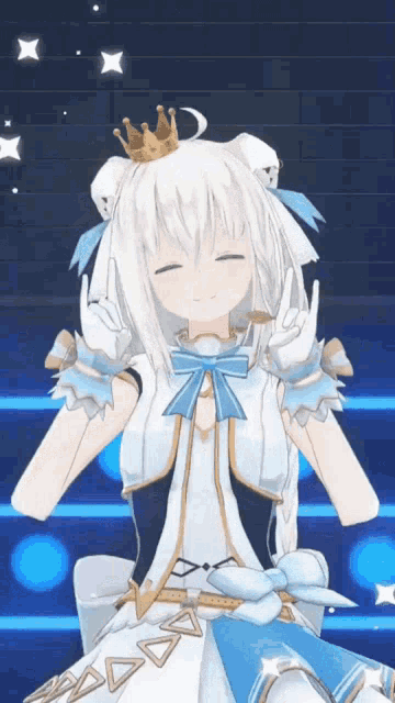 a girl with white hair and a crown on her head giving the peace sign