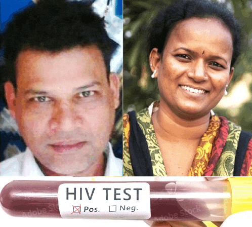 a man and a woman are standing next to a hiv test tube