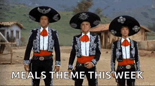 three men in mariachi costumes are standing next to each other with the words meals theme this week written below them
