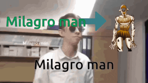 a man wearing sunglasses is standing in front of an arrow that says milagros man