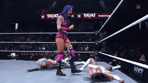 a woman in a wrestling ring with vengeance written on the ropes