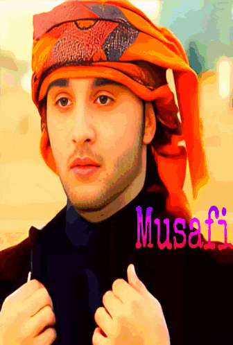 a man wearing an orange head scarf with the name musafi on the bottom right