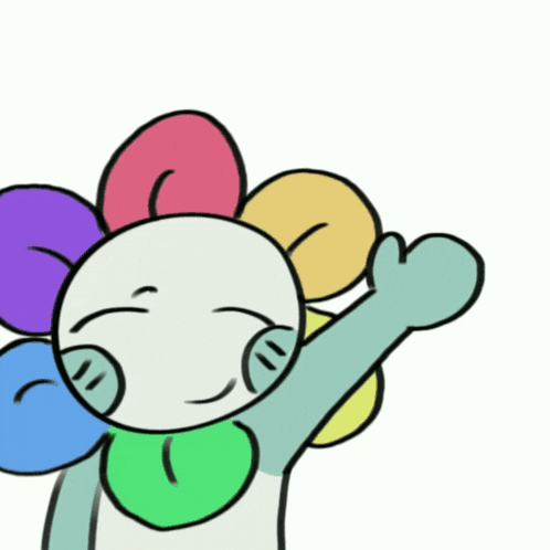 a cartoon drawing of a colorful flower with a white face