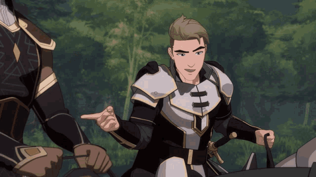 a man in armor is pointing at something while riding a bike