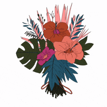 a drawing of a bouquet of flowers with leaves on a white background