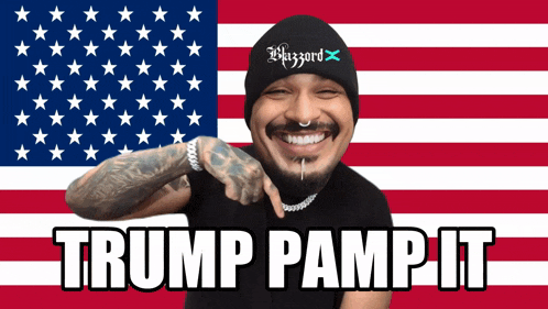 a man in front of an american flag with the words trump pamp it above him