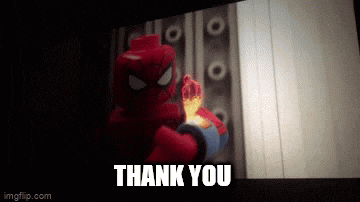 a lego spider man is holding a fireball and saying thank you .
