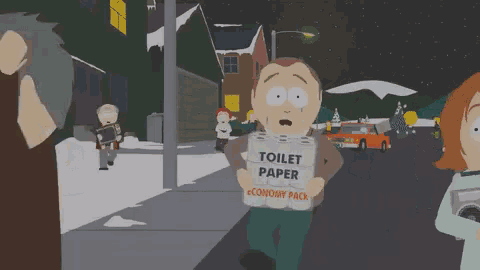 a cartoon character holding a roll of toilet paper in his hand