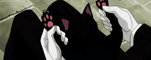 a person in a tuxedo is holding a black cat 's paws .