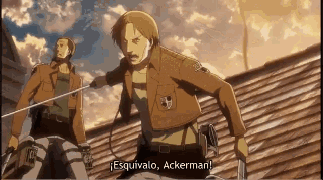 a man holding a sword says esquivalo ackerman on the screen