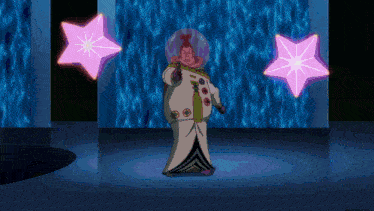 a cartoon character in a space suit stands in front of a waterfall