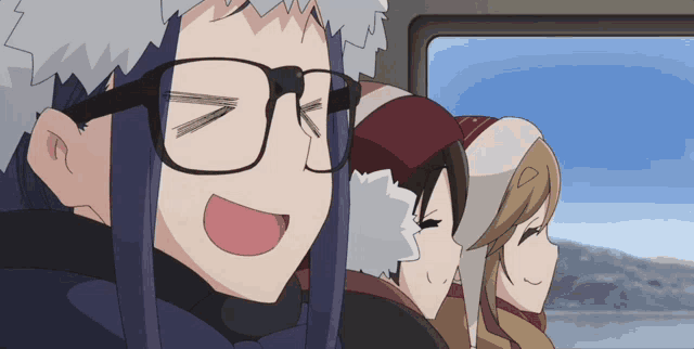 a girl wearing glasses and a fur hat is laughing