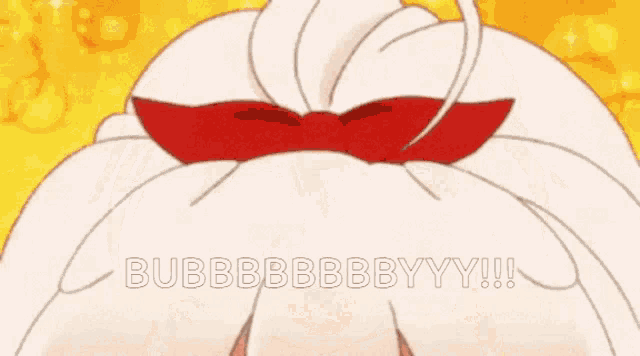 a girl with white hair and red eyes is making a face with her hands and the words bubbbbbbbyyy !!! below her