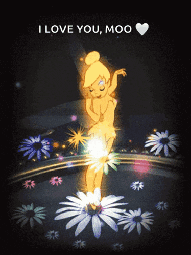 a cartoon of tinkerbell with the words i love you moo above her