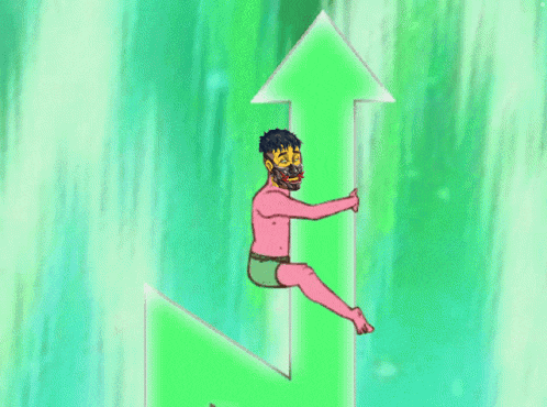 a cartoon of a man sitting on a green arrow pointing upwards