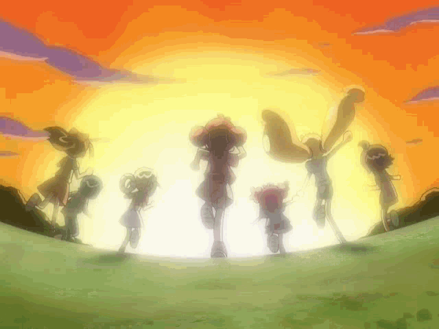 a group of cartoon characters are standing in front of a sunset