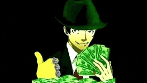 a man wearing a green hat is holding a bunch of money and giving a thumbs up .