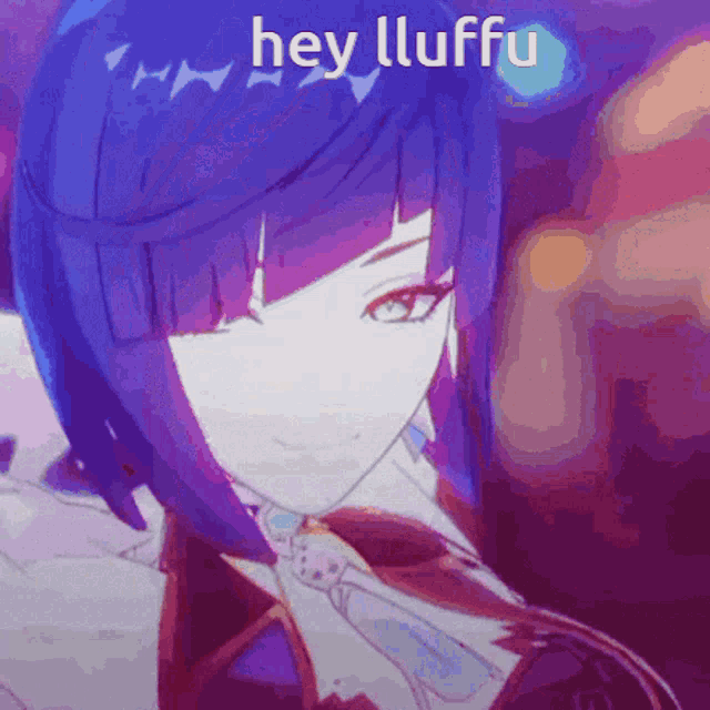 a picture of a girl with purple hair and the words hey luffu