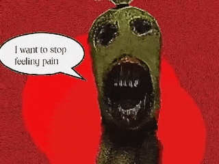 a cartoon drawing of a monster with a speech bubble that says `` i want to stop feeling pain '' .