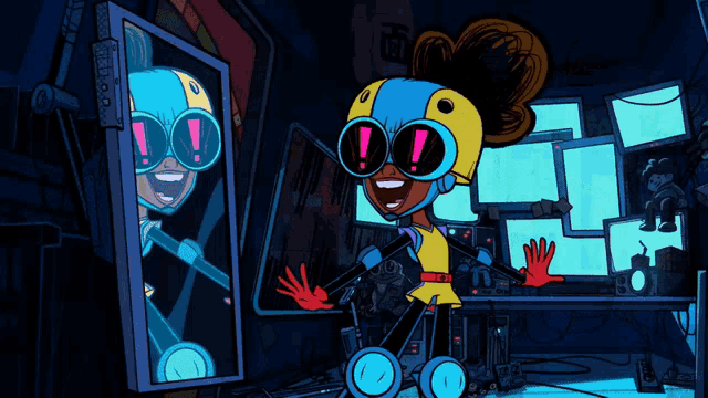 a cartoon character is standing in front of a mirror with an exclamation point on her goggles