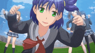 a girl with purple hair and green eyes stands in front of a group of girls