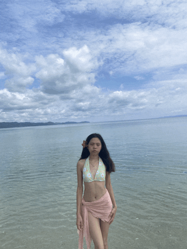 a woman in a bikini stands in the water