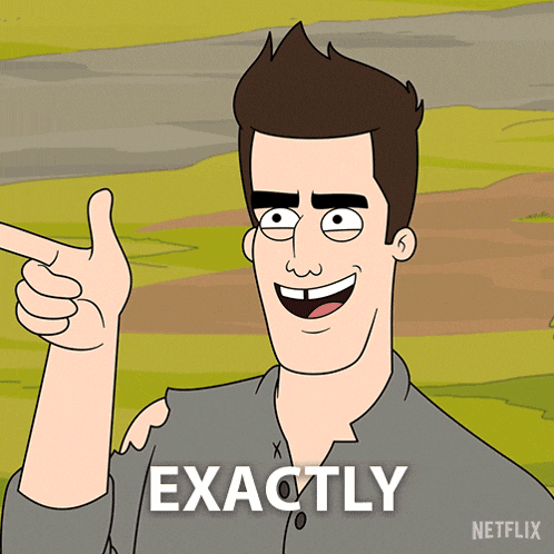 a cartoon of a man pointing up with the word exactly written below him