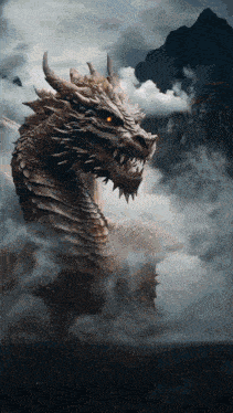 a large dragon with red eyes is surrounded by clouds