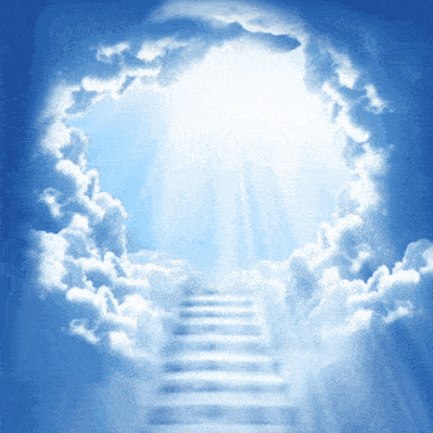 a set of stairs leading up to a bright light surrounded by clouds