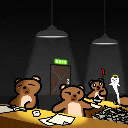 a group of teddy bears are sitting at a table in front of an exit sign