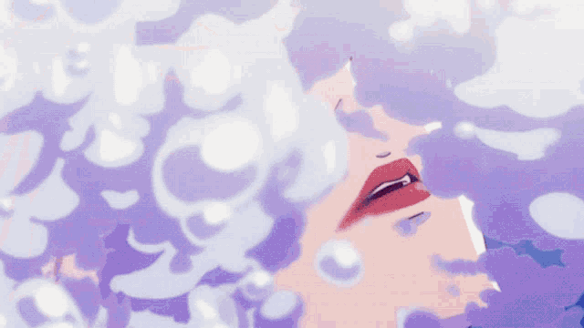 a close up of a woman 's face with red lips and purple hair