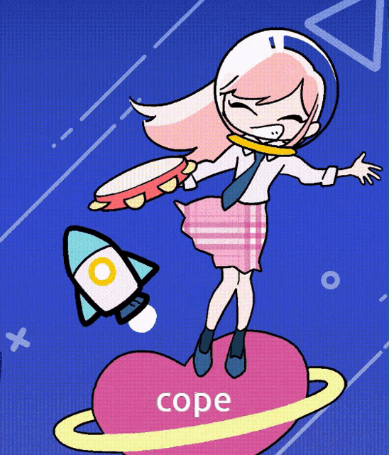 a girl in a space suit is holding a tambourine and standing on a heart with the word cope written below her