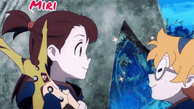 two anime characters are looking at each other with the word miri on the bottom right