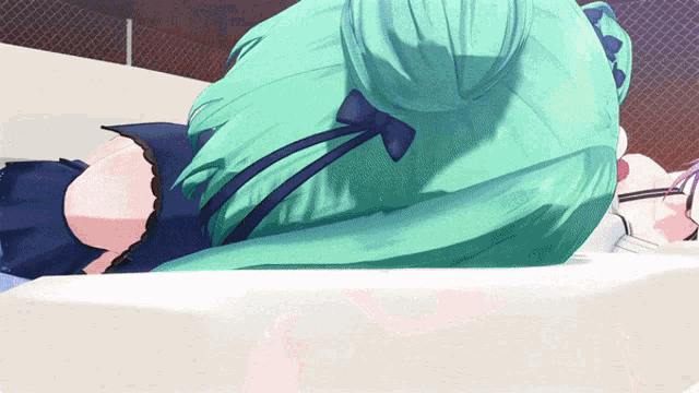 a drawing of a girl with green hair and a bow in her hair