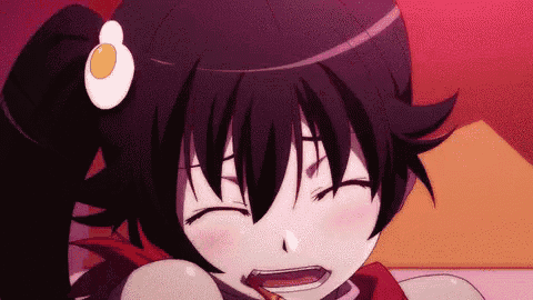 a girl with a ponytail and an egg on her head is smiling with her eyes closed