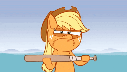 a cartoon pony is holding a baseball bat and making a funny face
