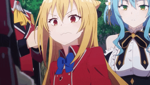 a girl with blonde hair and red eyes is wearing a red jacket and a blue bow