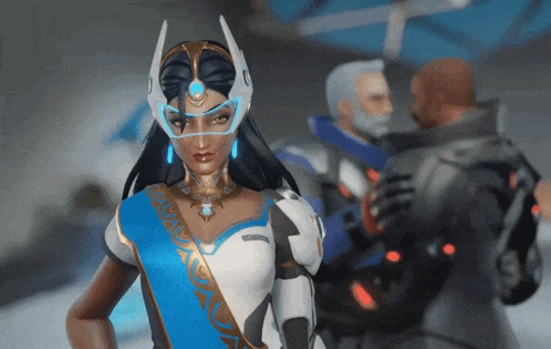 a woman in a white and blue outfit is standing in front of a man
