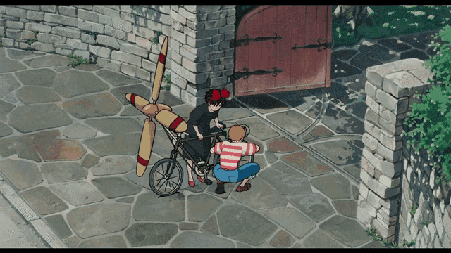 a cartoon of a girl riding a bicycle with a propeller on the back