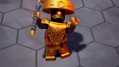 a lego figure is holding a hammer and a shield