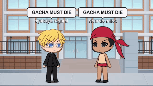 two cartoon characters standing next to each other with gacha must die written on the top