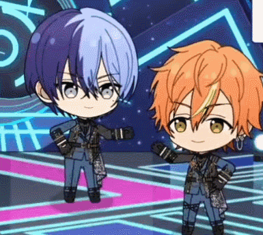 two anime characters are standing next to each other on a stage . one has blue hair and the other has orange hair .
