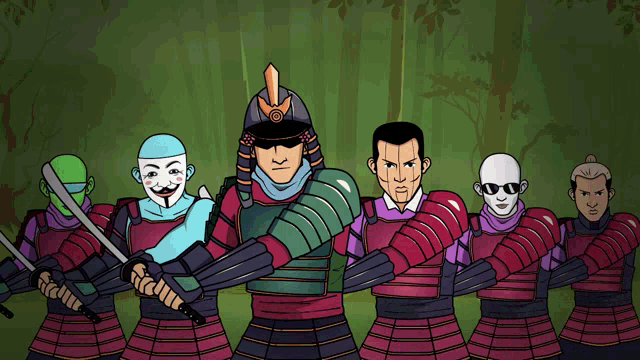 a group of samurai with their arms crossed holding swords