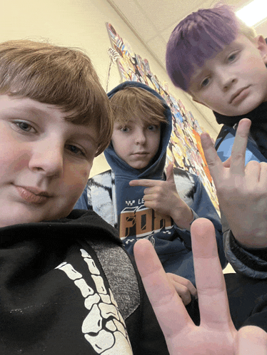 a boy with purple hair is wearing a blue hoodie that says ' fox ' on it