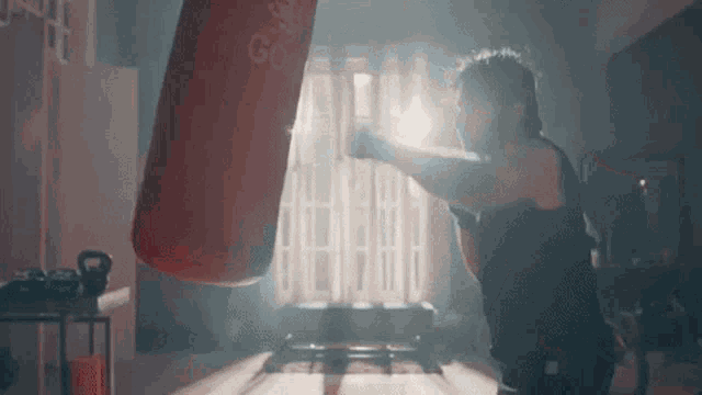 a man is punching a red punching bag in a gym .