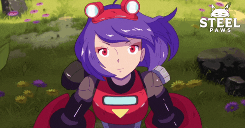 a girl with purple hair and red eyes is standing in a field with the words steel paws on the bottom